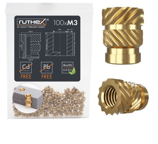 Ruthex M3 – Inserții filetate Rx-M3x5.7 - 100 bucăți pentru imprimare 3D